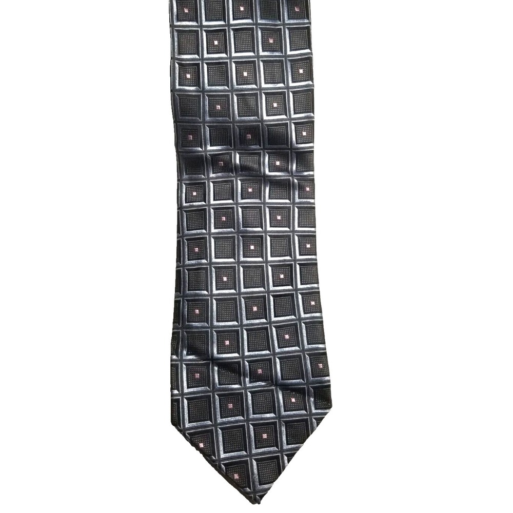 Roberto Villini Couture‎ Black Silver Geometric w/Squares Pointed Silk Tie